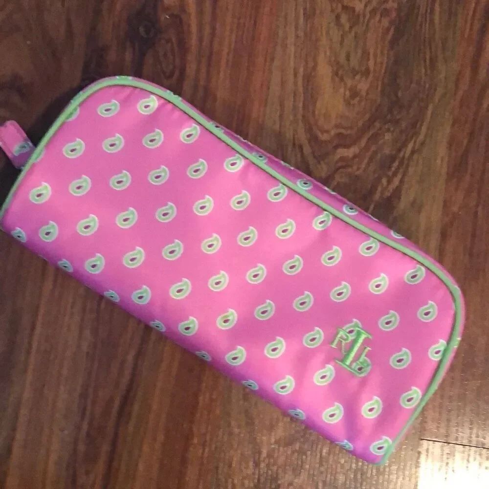 Ralph Lauren LAUREN Pink cosmetic case with green print cosmetic bag makeup trav